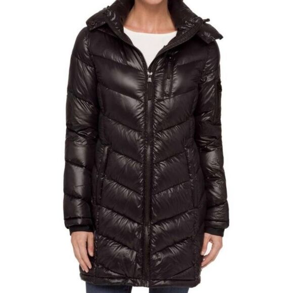 Andrew Marc Loden packable puffer DOWN Shiny Black Long Coat Jacket sz XS - Picture 1 of 10